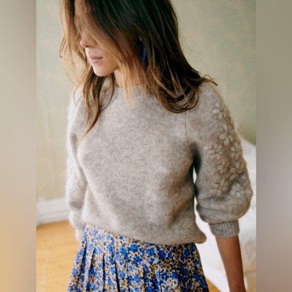 NWT Sezane Luke Jumper Sweater with Floral Embroidery in Stone | size M - Picture 1 of 10